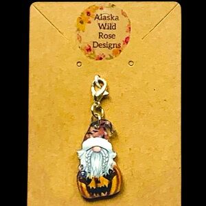 Gnome & Pumpkin Halloween  Charm.  Alaska Wild Rose designs handcrafted.